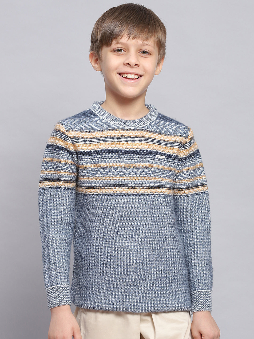 Boys Blue Self Design Round Neck Full Sleeve Sweater