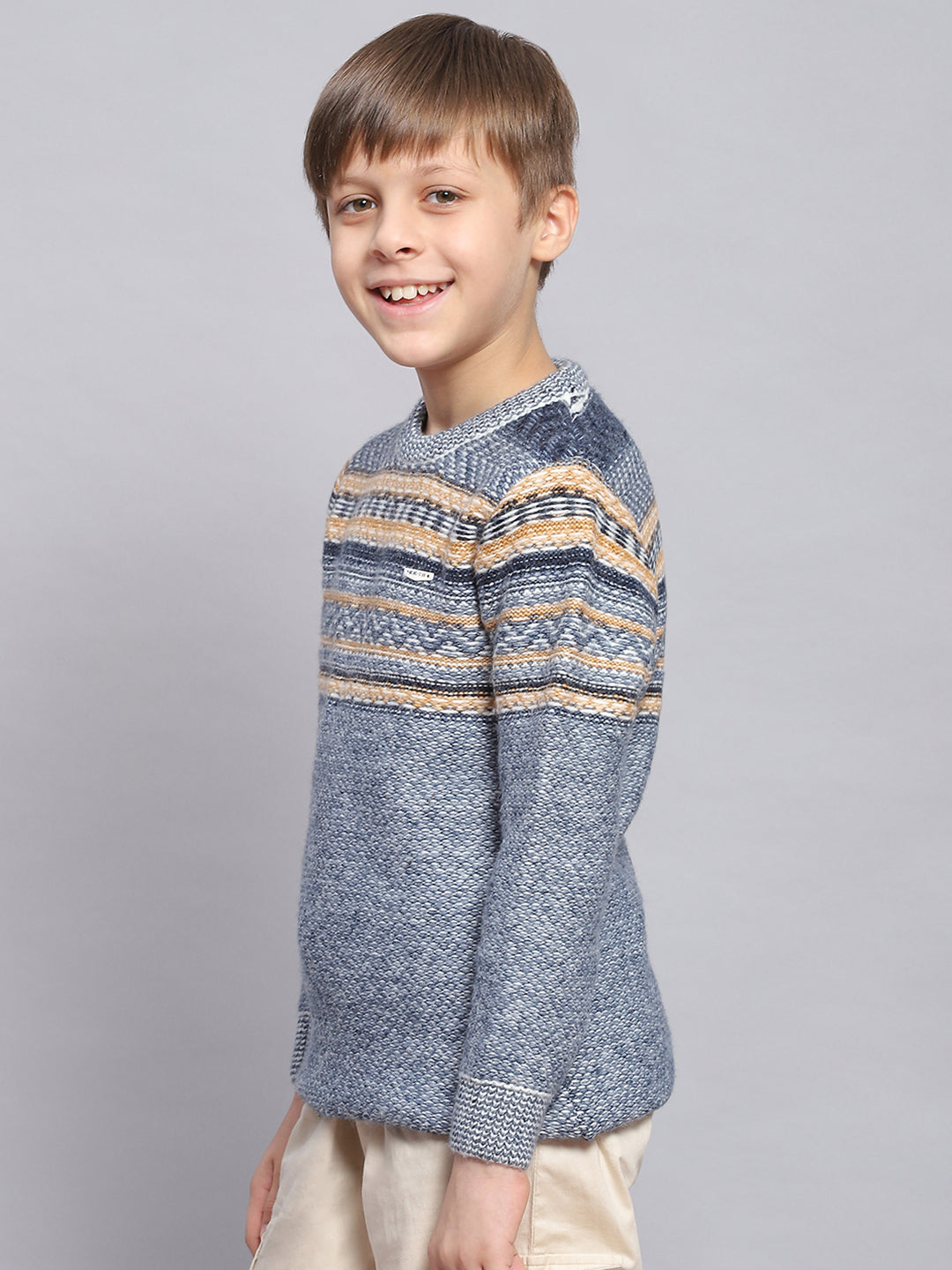 Boys Blue Self Design Round Neck Full Sleeve Sweater