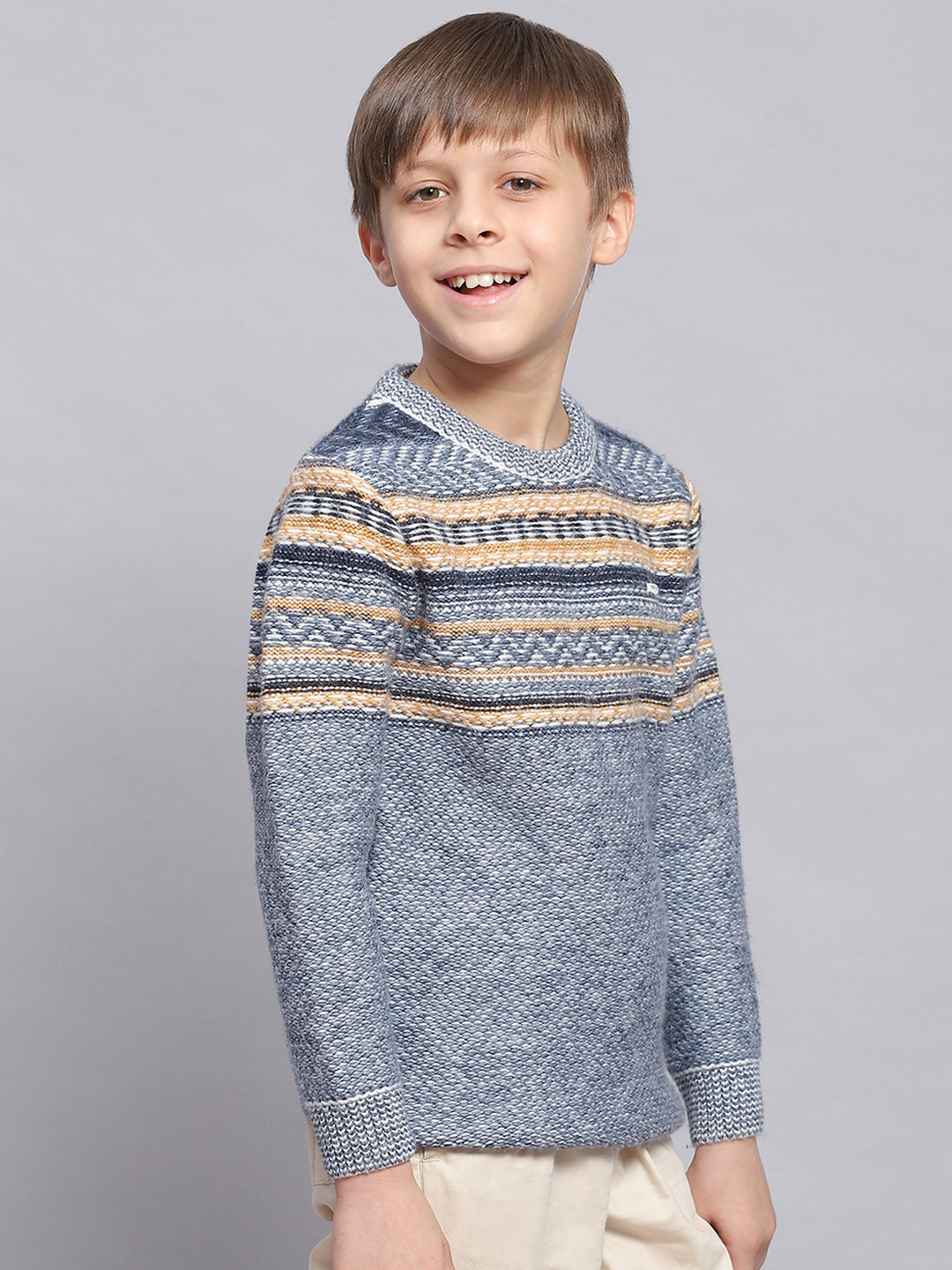 Buy Boys Blue Self Design Round Neck Full Sleeve Sweater Online in
