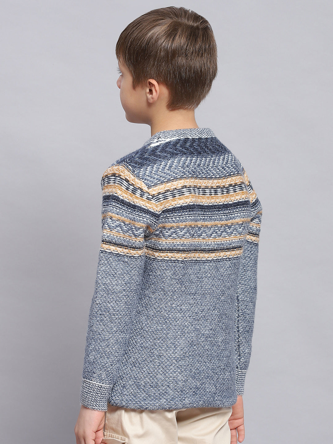 Boys Blue Self Design Round Neck Full Sleeve Sweater