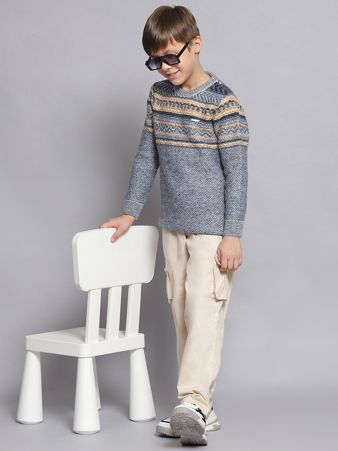 Boys Blue Self Design Round Neck Full Sleeve Sweater