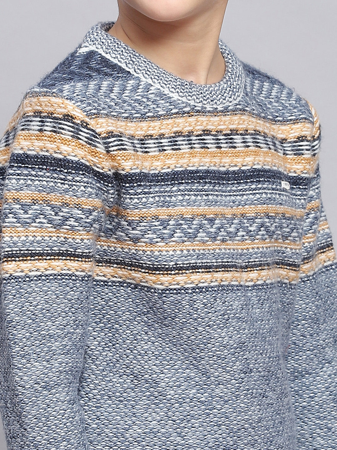 Boys Blue Self Design Round Neck Full Sleeve Sweater