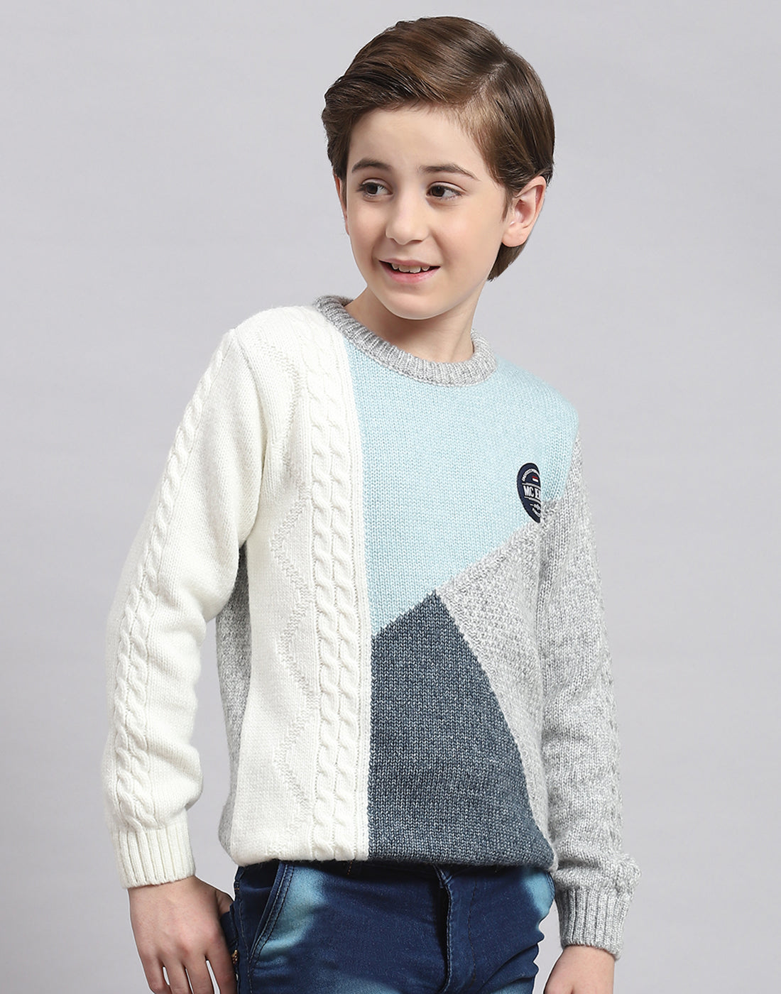 Boys Grey Melange Self Design Round Neck Full Sleeve Sweater