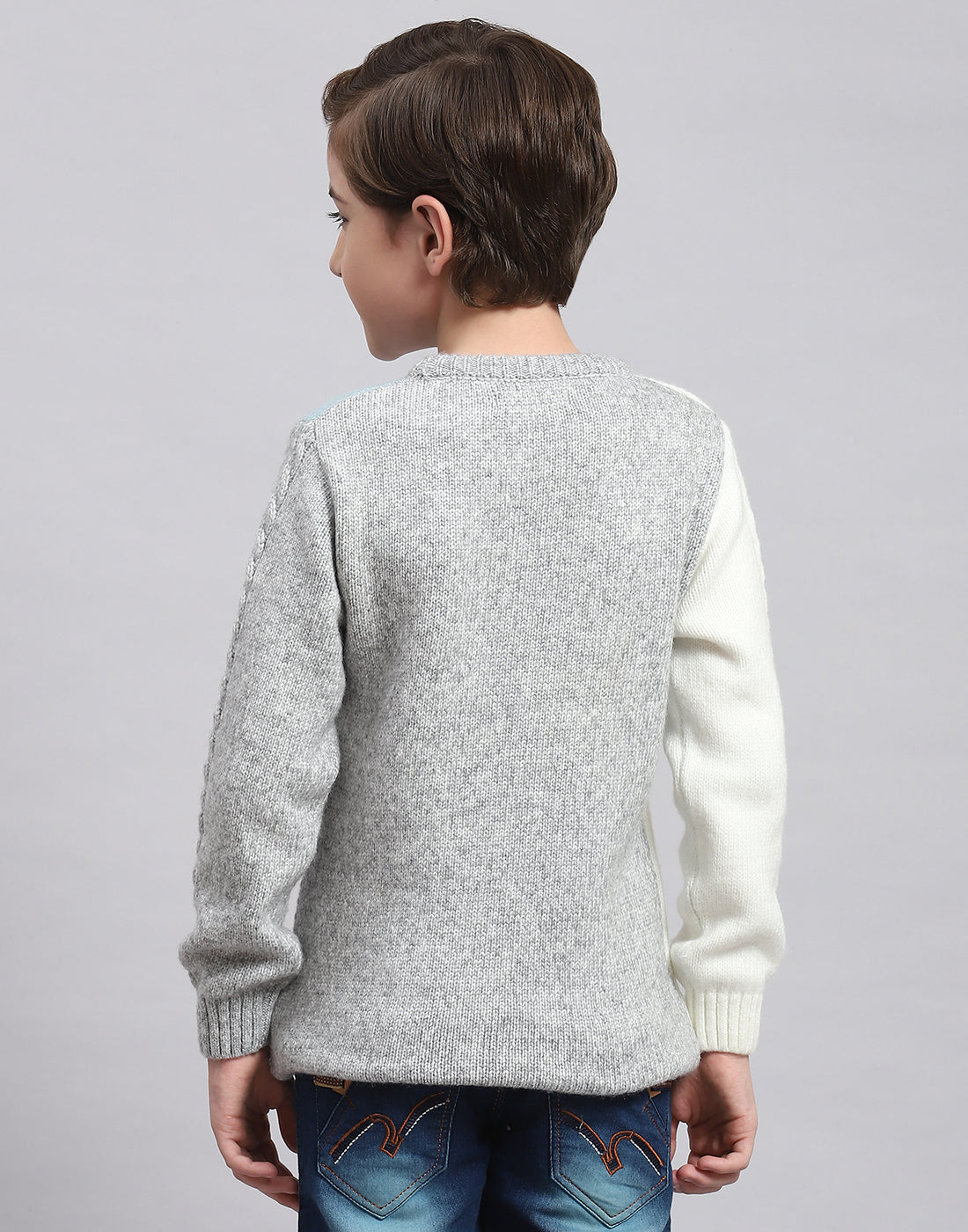 Boys Grey Melange Self Design Round Neck Full Sleeve Sweater