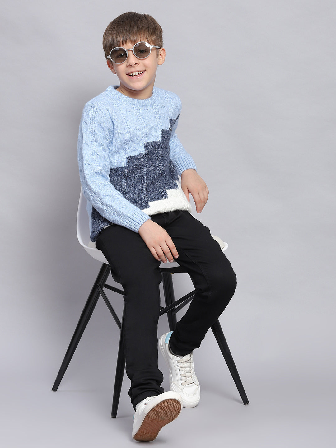 Boys Blue Self Design Round Neck Full Sleeve Sweater