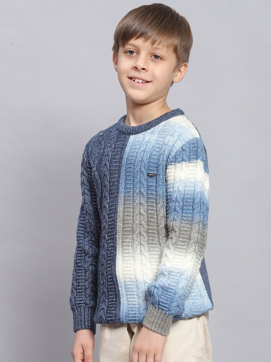 Boys Blue Self Design Round Neck Full Sleeve Sweater
