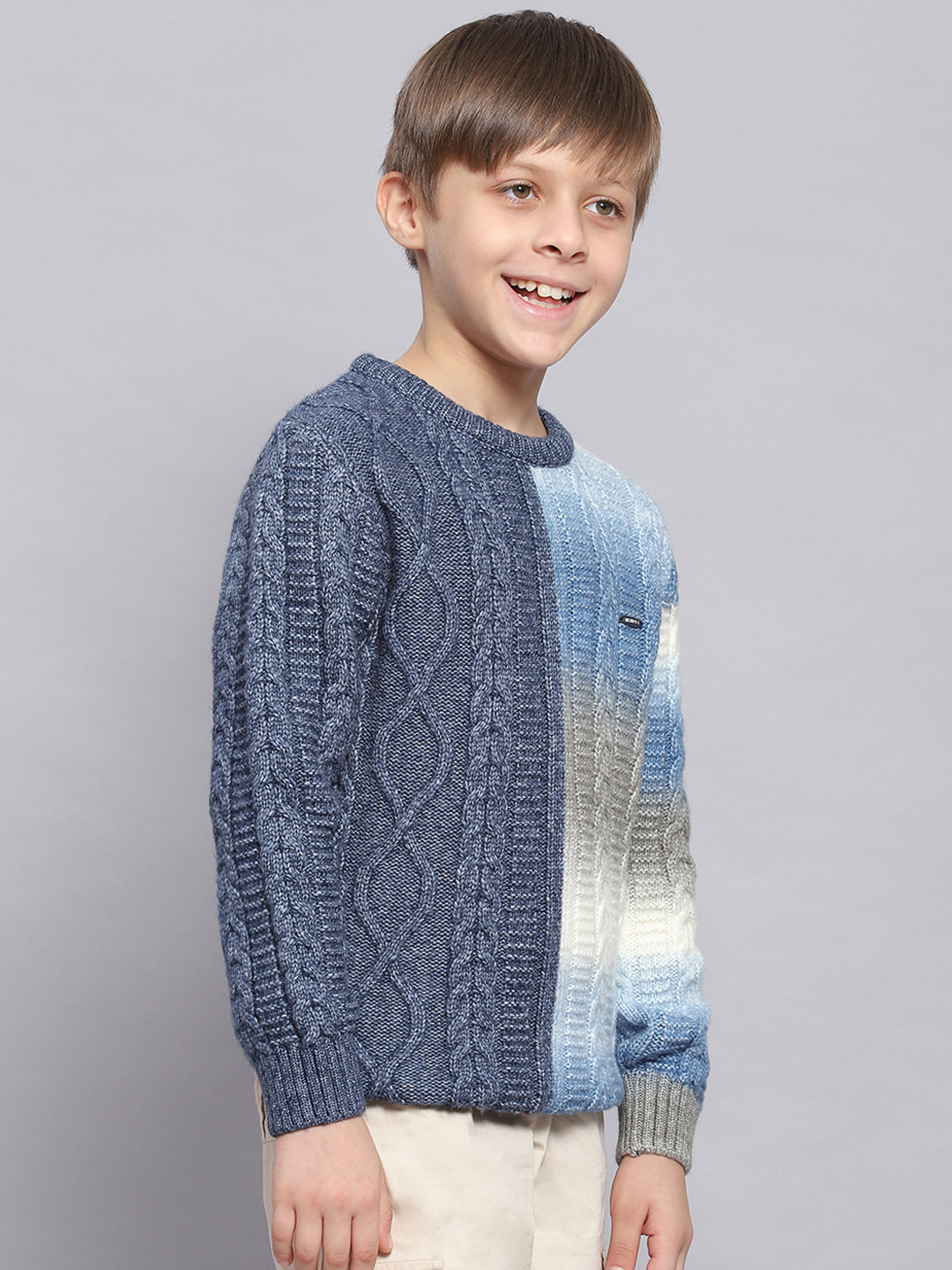 Boys Blue Self Design Round Neck Full Sleeve Sweater