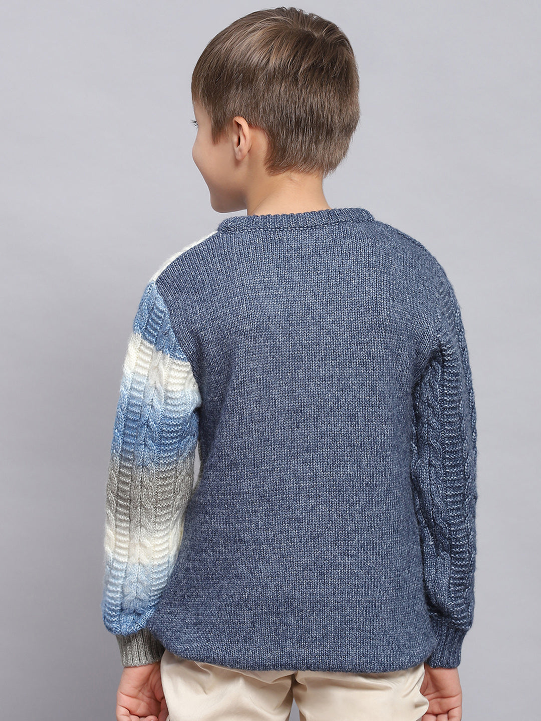 Boys Blue Self Design Round Neck Full Sleeve Sweater