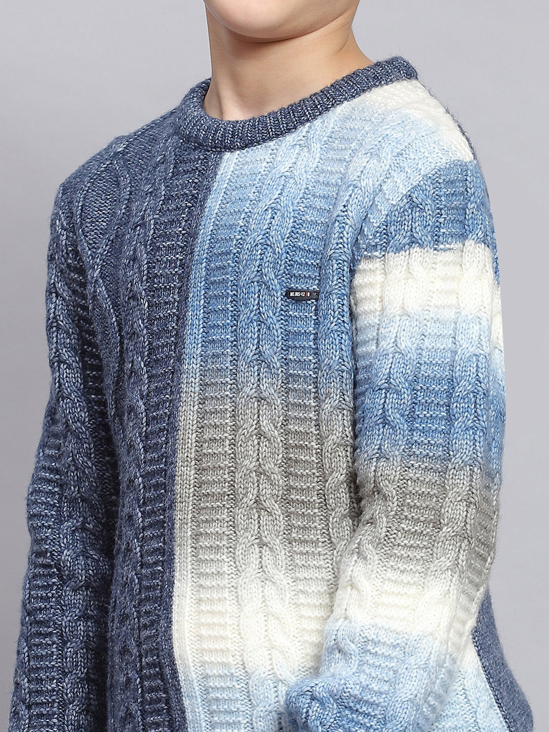 Boys Blue Self Design Round Neck Full Sleeve Sweater