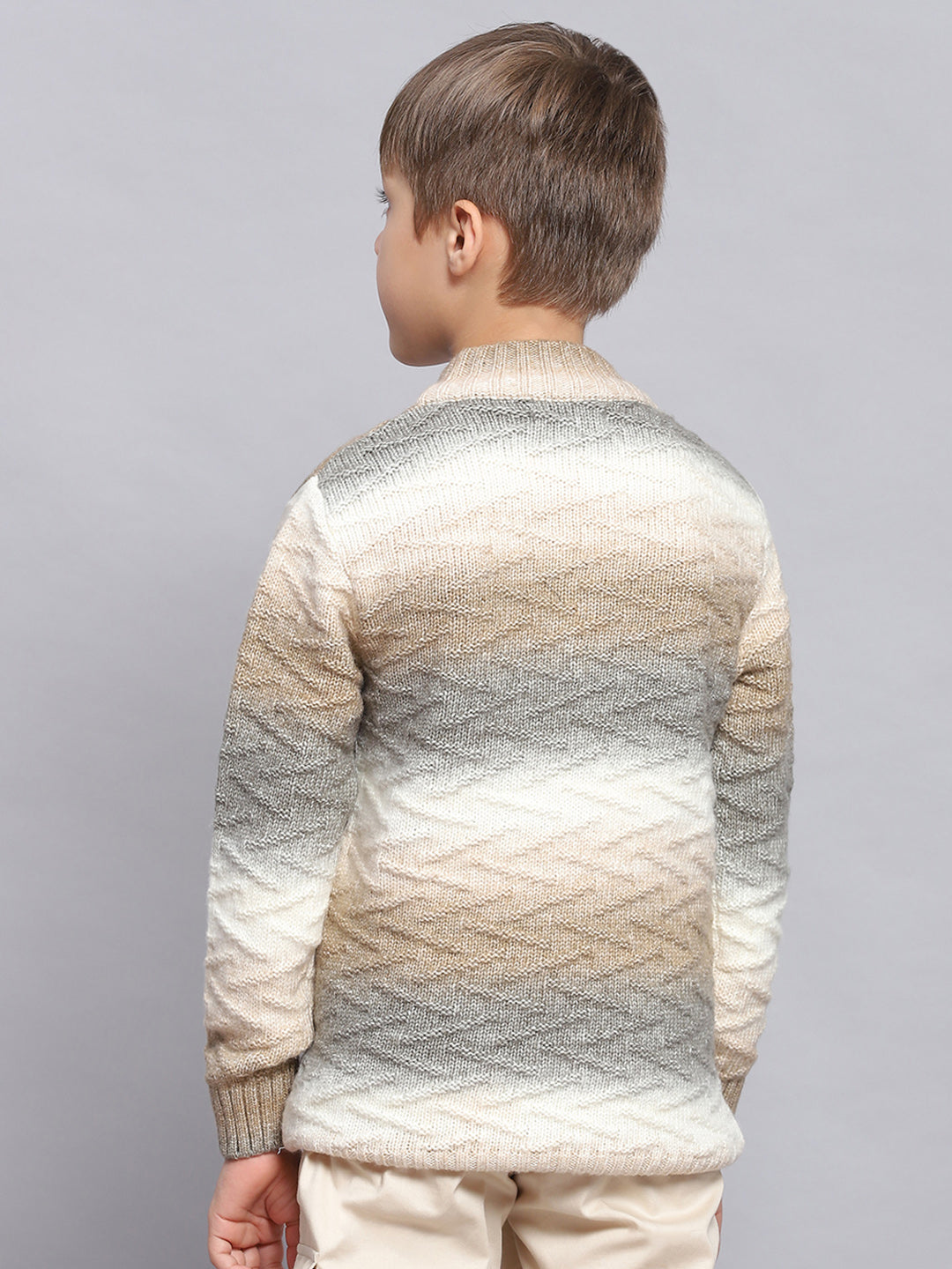 Boys Brown Self Design Round Neck Full Sleeve Sweater