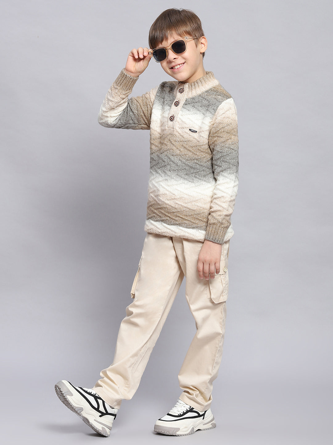 Boys Brown Self Design Round Neck Full Sleeve Sweater