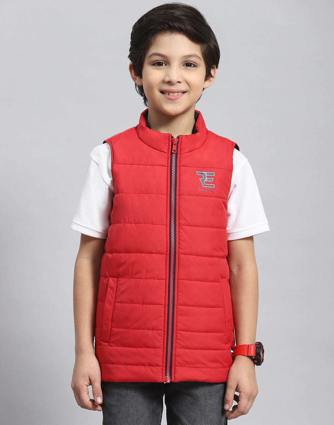 Boys Red Solid Stand Collar Sleeveless Boys Jacket
