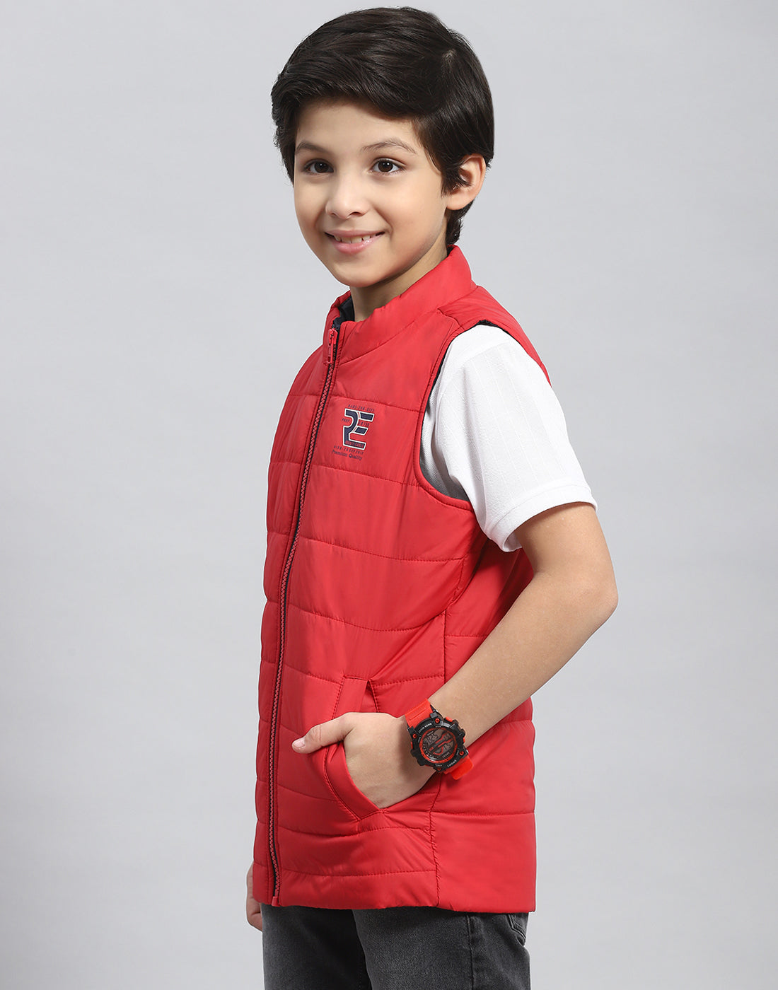 Boys Red Solid Stand Collar Sleeveless Boys Jacket