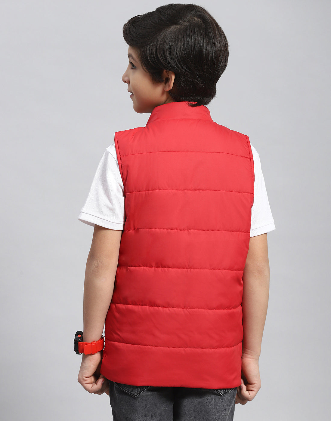 Boys Red Solid Stand Collar Sleeveless Boys Jacket