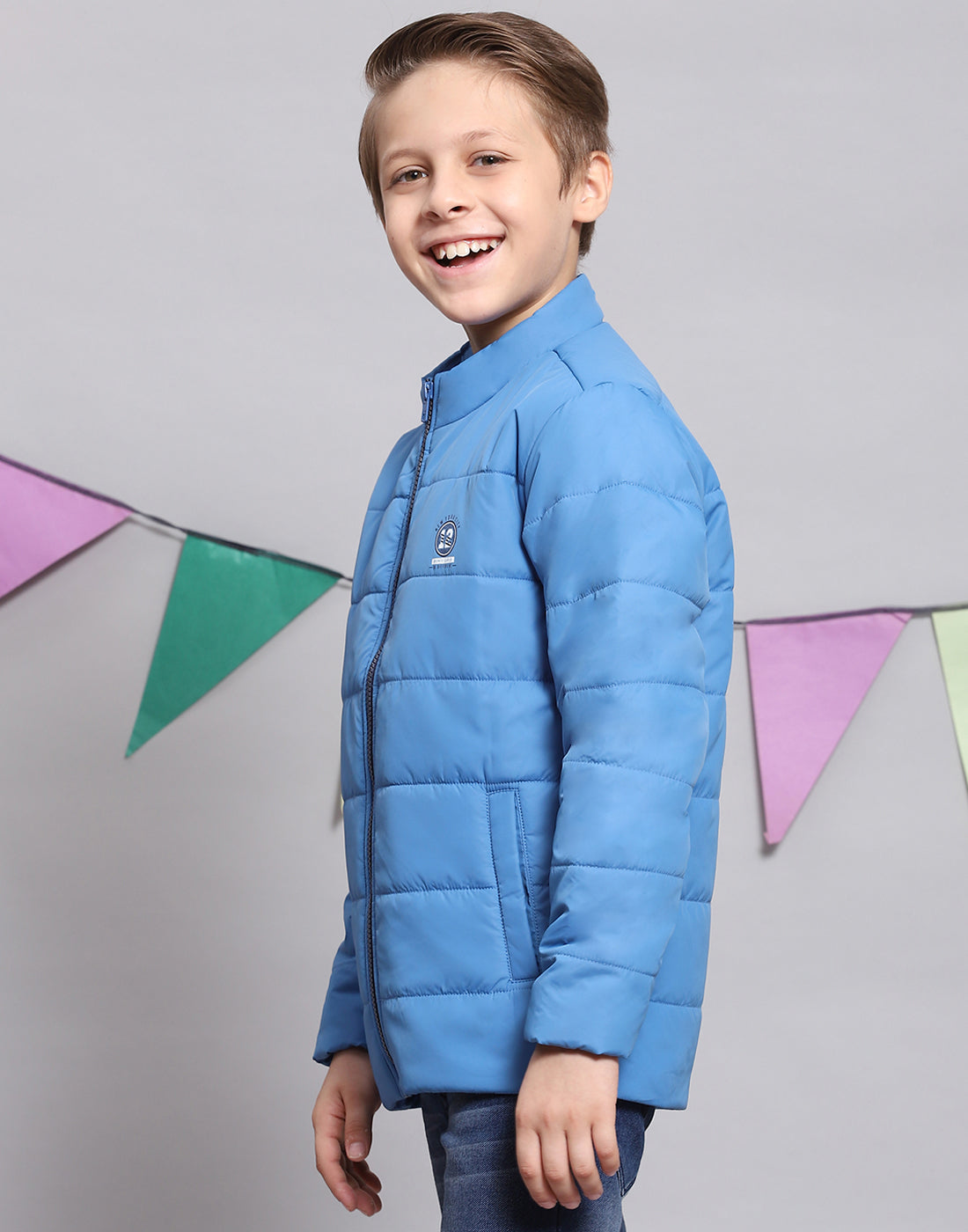 Boys Blue Solid Stand Collar Full Sleeve Boys Jacket