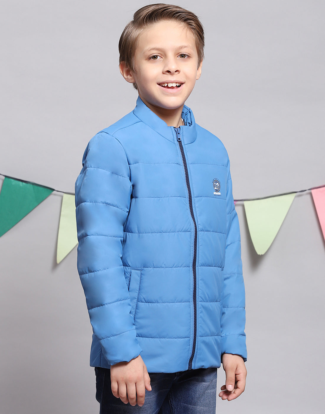 Boys Blue Solid Stand Collar Full Sleeve Boys Jacket