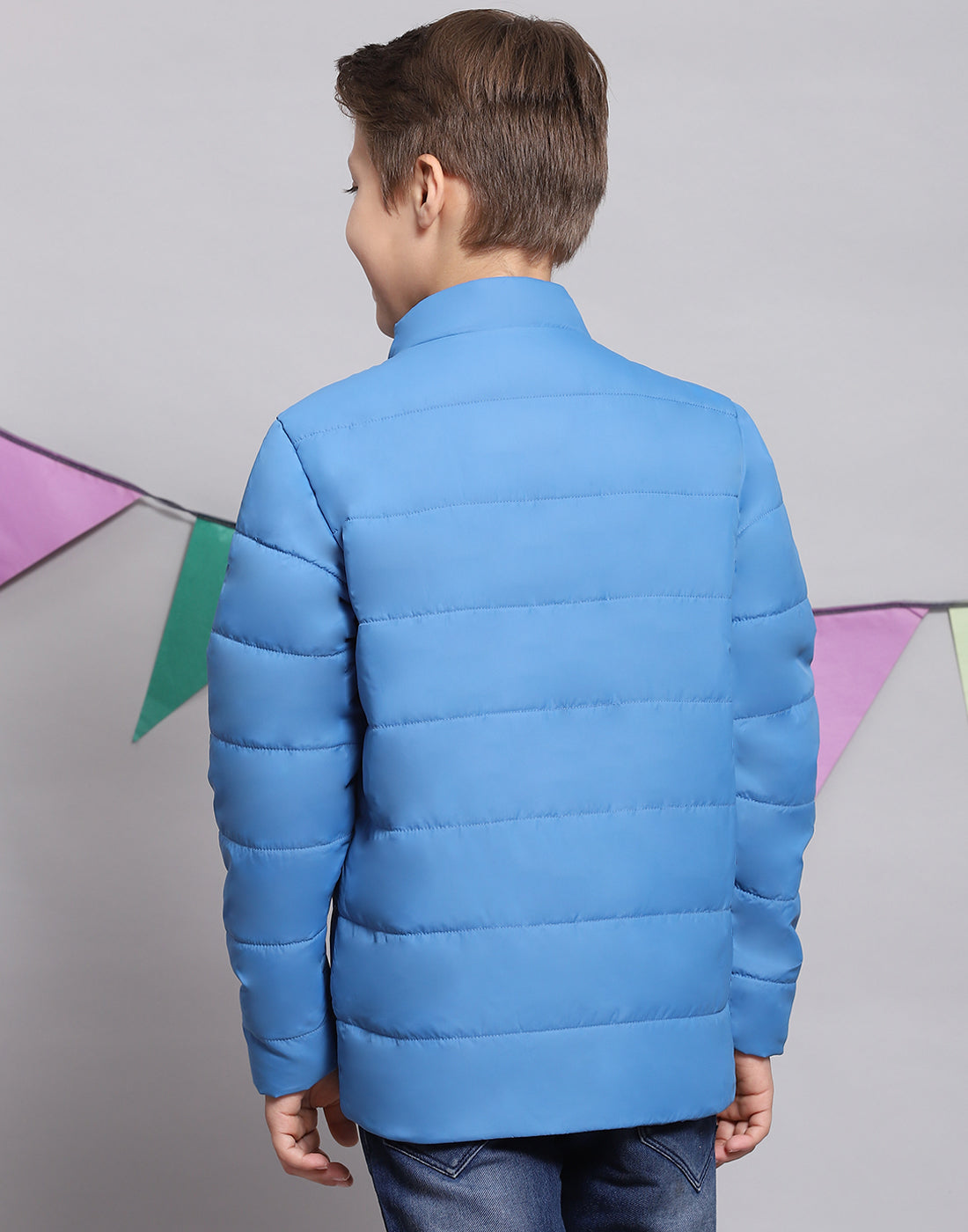 Boys Blue Solid Stand Collar Full Sleeve Boys Jacket
