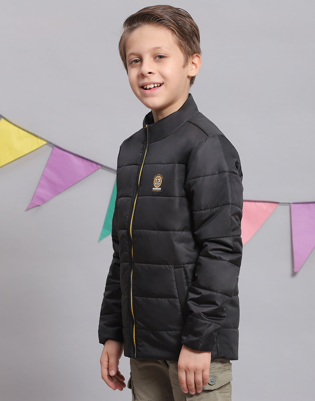 Boys Black Solid Stand Collar Full Sleeve Boys Jacket