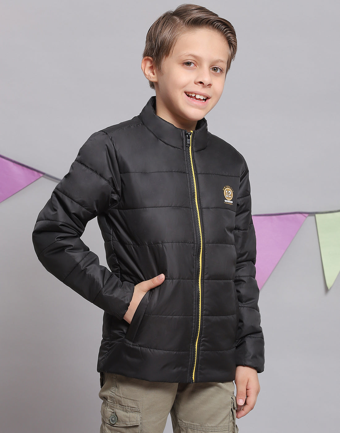 Boys Black Solid Stand Collar Full Sleeve Boys Jacket