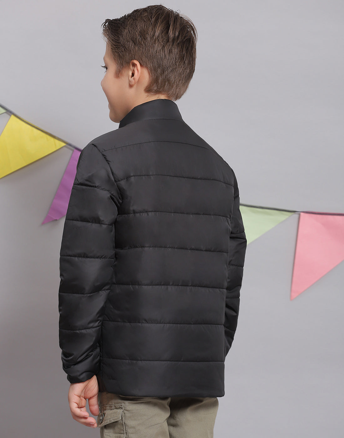 Boys Black Solid Stand Collar Full Sleeve Boys Jacket