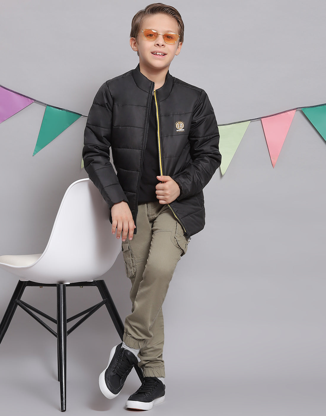 Boys Black Solid Stand Collar Full Sleeve Boys Jacket