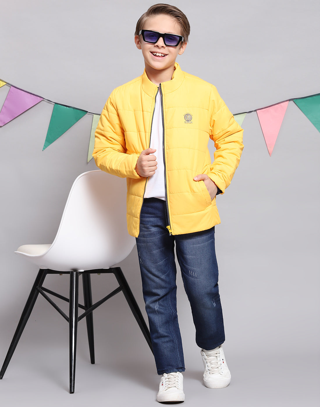 Boys Yellow Solid Stand Collar Full Sleeve Boys Jacket