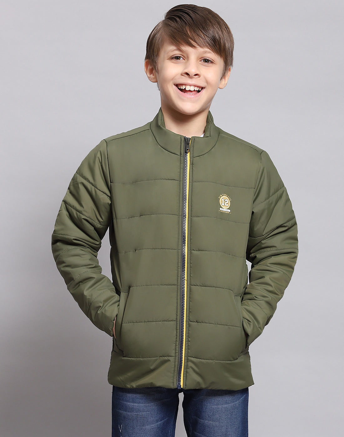 Boys Olive Solid Stand Collar Full Sleeve Boys Jacket