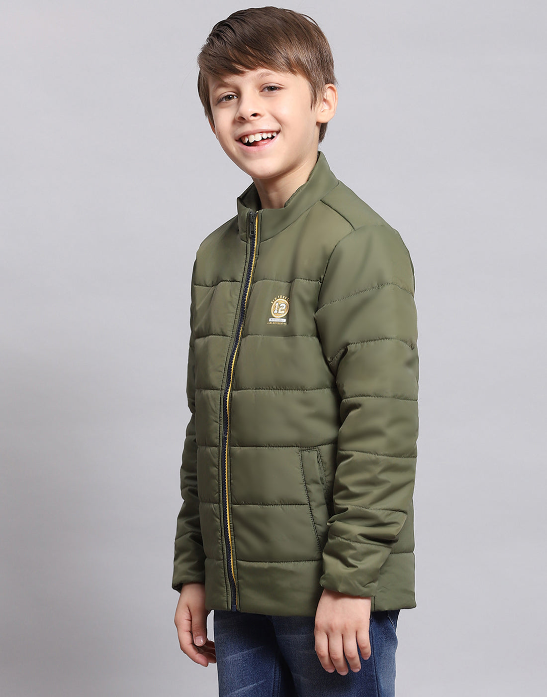 Boys Olive Solid Stand Collar Full Sleeve Boys Jacket