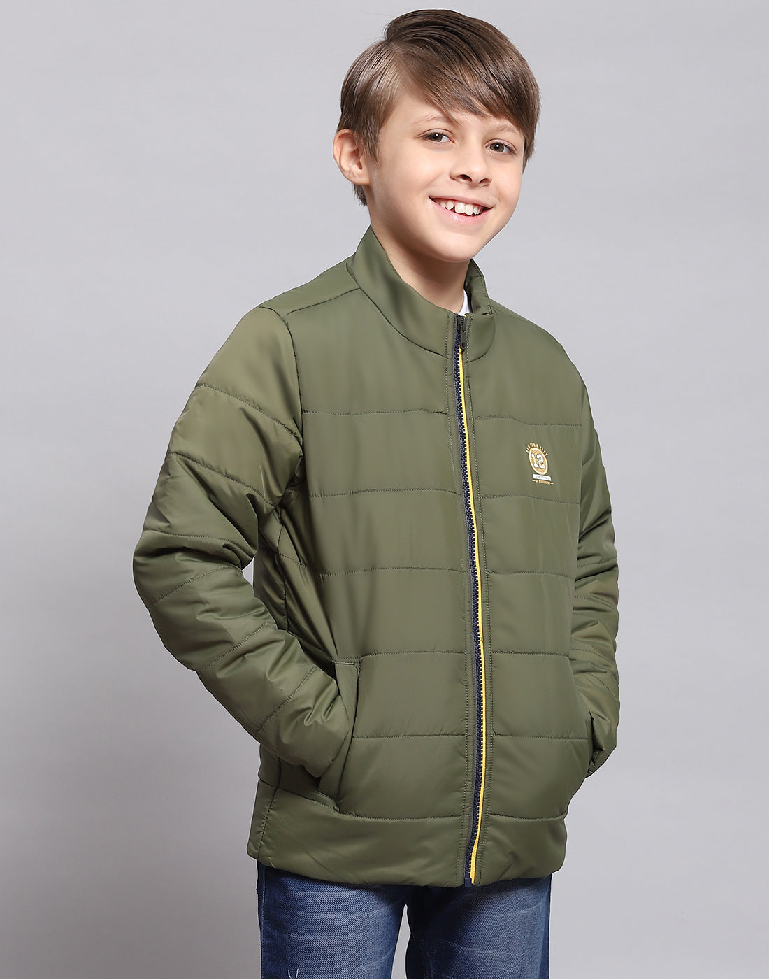 Boys Olive Solid Stand Collar Full Sleeve Boys Jacket