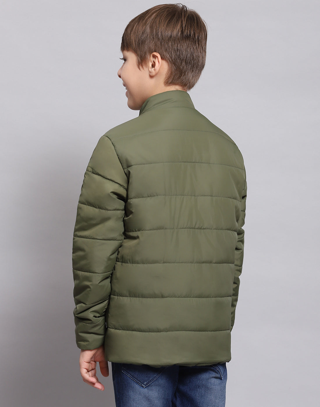 Boys Olive Solid Stand Collar Full Sleeve Boys Jacket