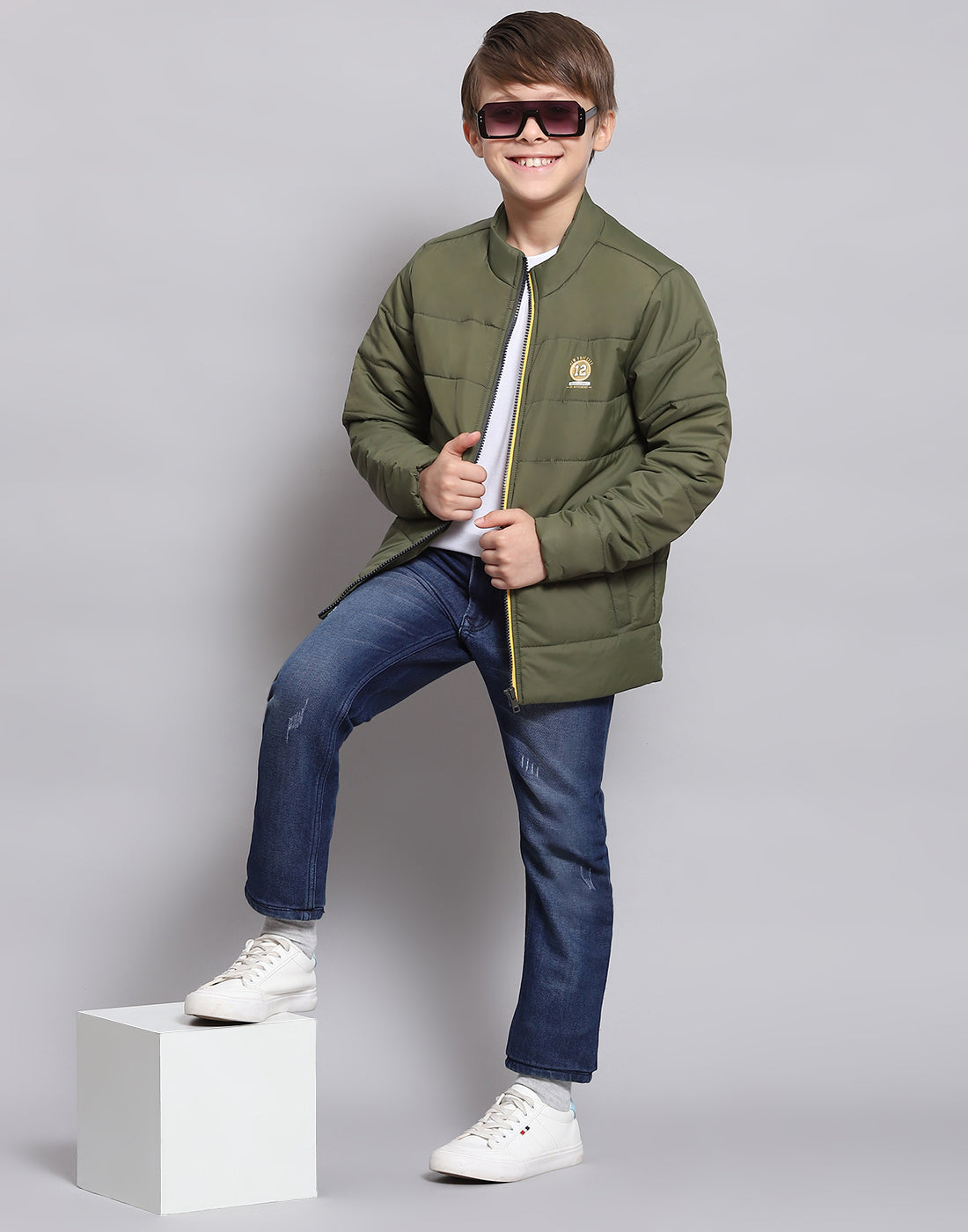 Boys Olive Solid Stand Collar Full Sleeve Boys Jacket
