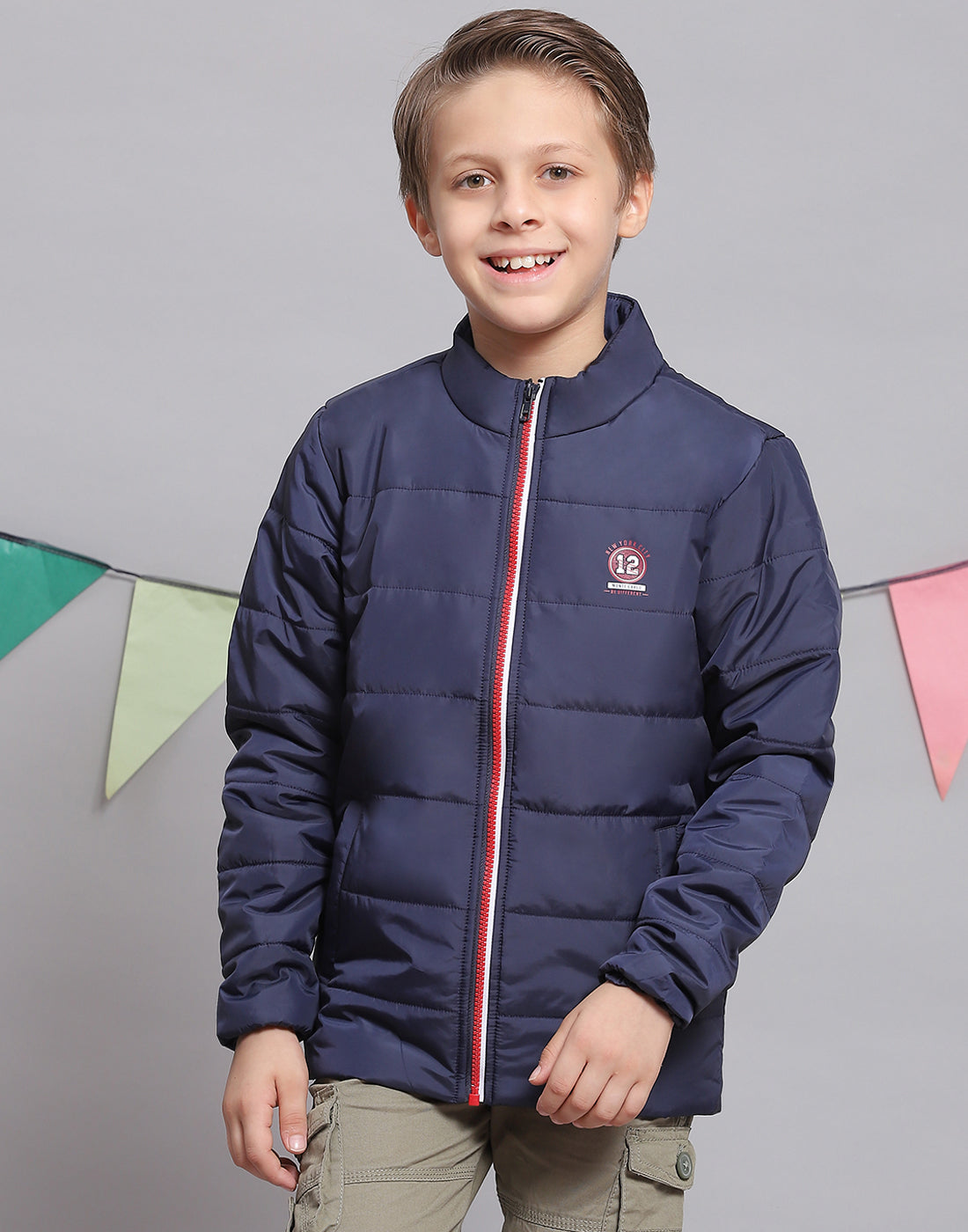 Boys Navy Blue Solid Stand Collar Full Sleeve Boys Jacket