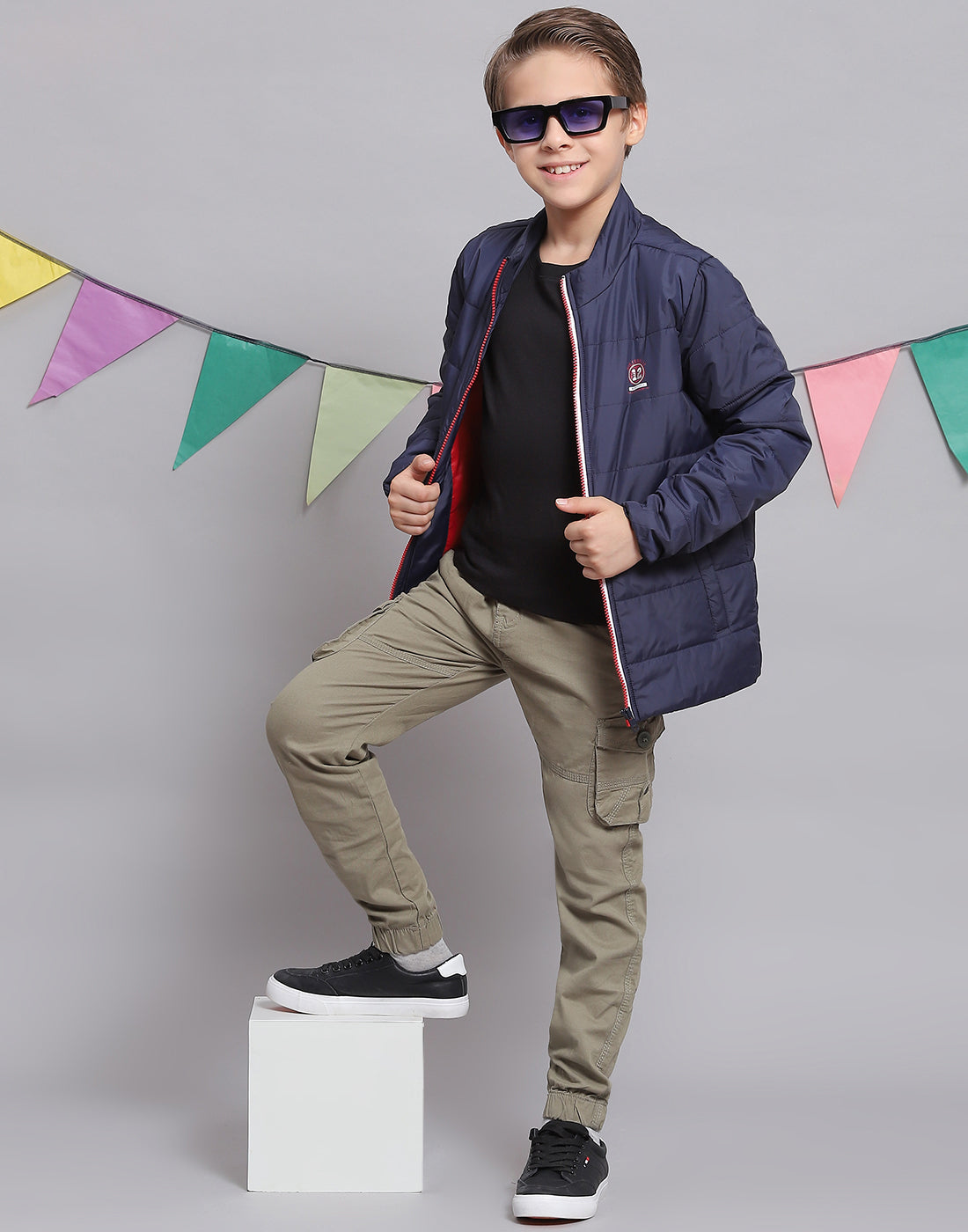 Boys Navy Blue Solid Stand Collar Full Sleeve Boys Jacket