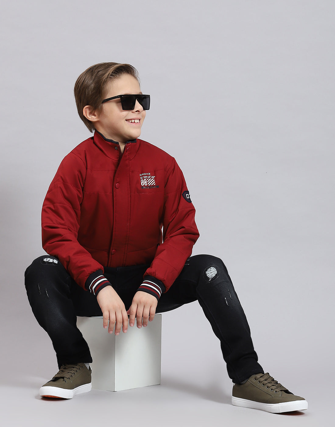 Boys Maroon Solid Stand Collar Full Sleeve Boys Jacket