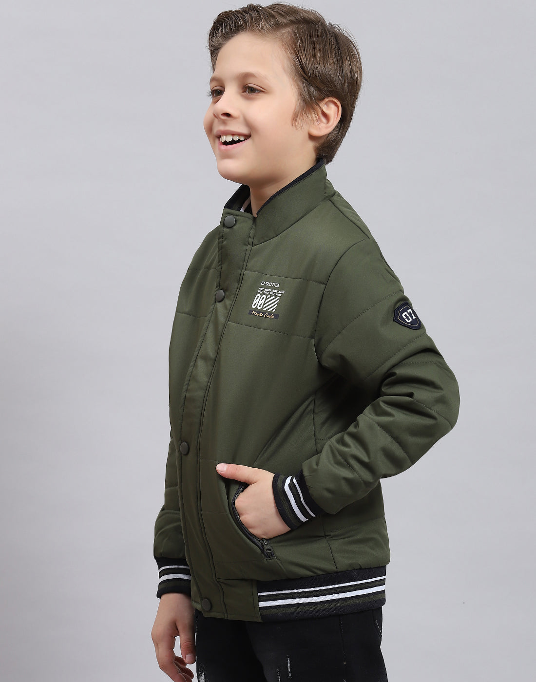 Boys Olive Solid Stand Collar Full Sleeve Boys Jacket