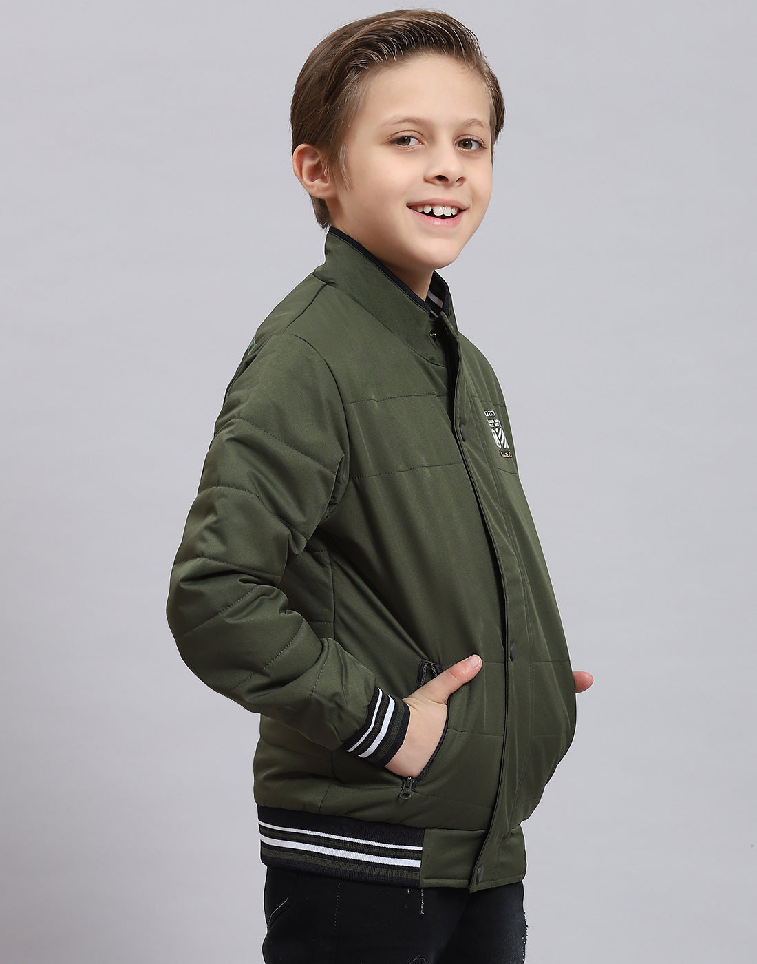 Boys Olive Solid Stand Collar Full Sleeve Boys Jacket