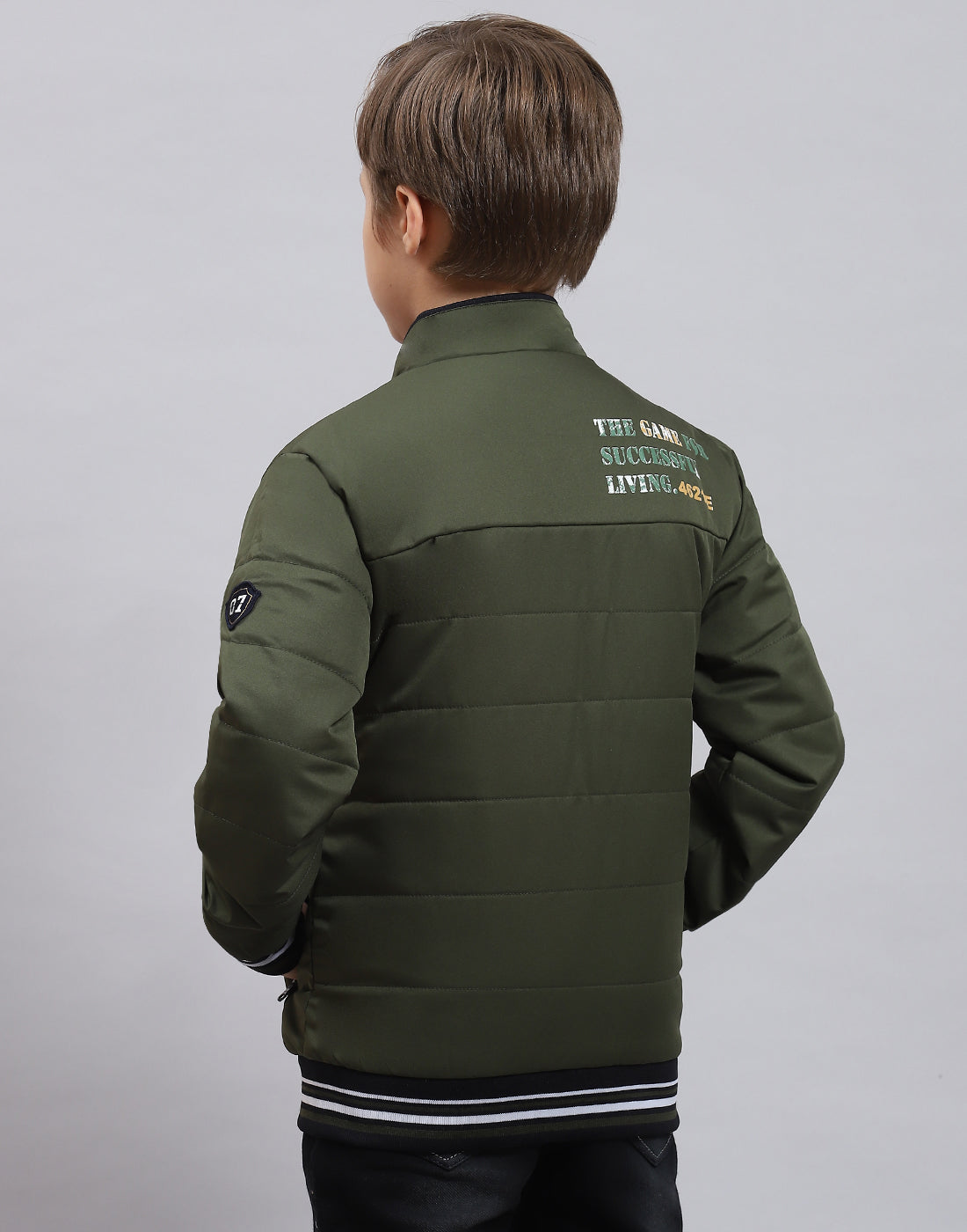 Boys Olive Solid Stand Collar Full Sleeve Boys Jacket