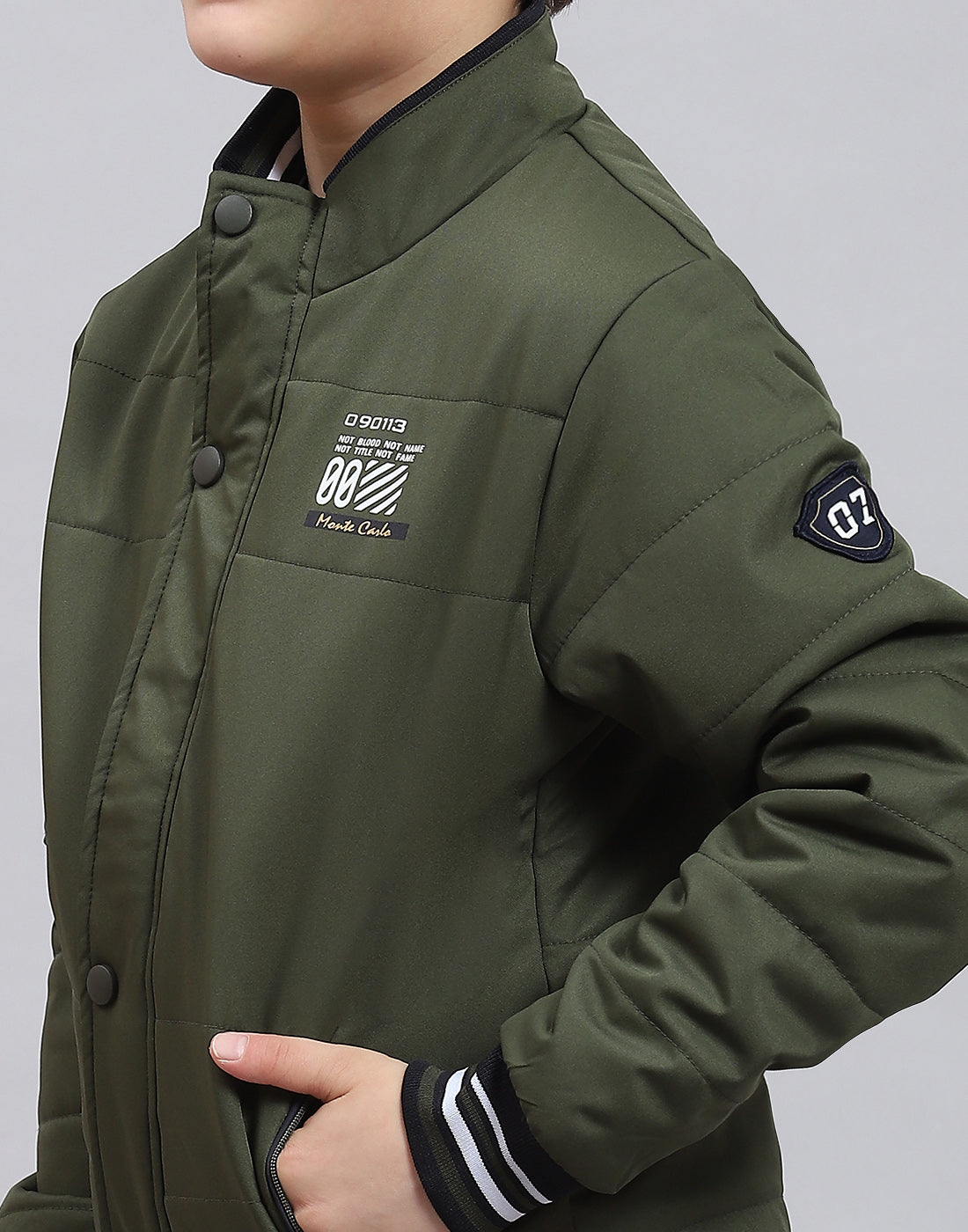 Boys Olive Solid Stand Collar Full Sleeve Boys Jacket