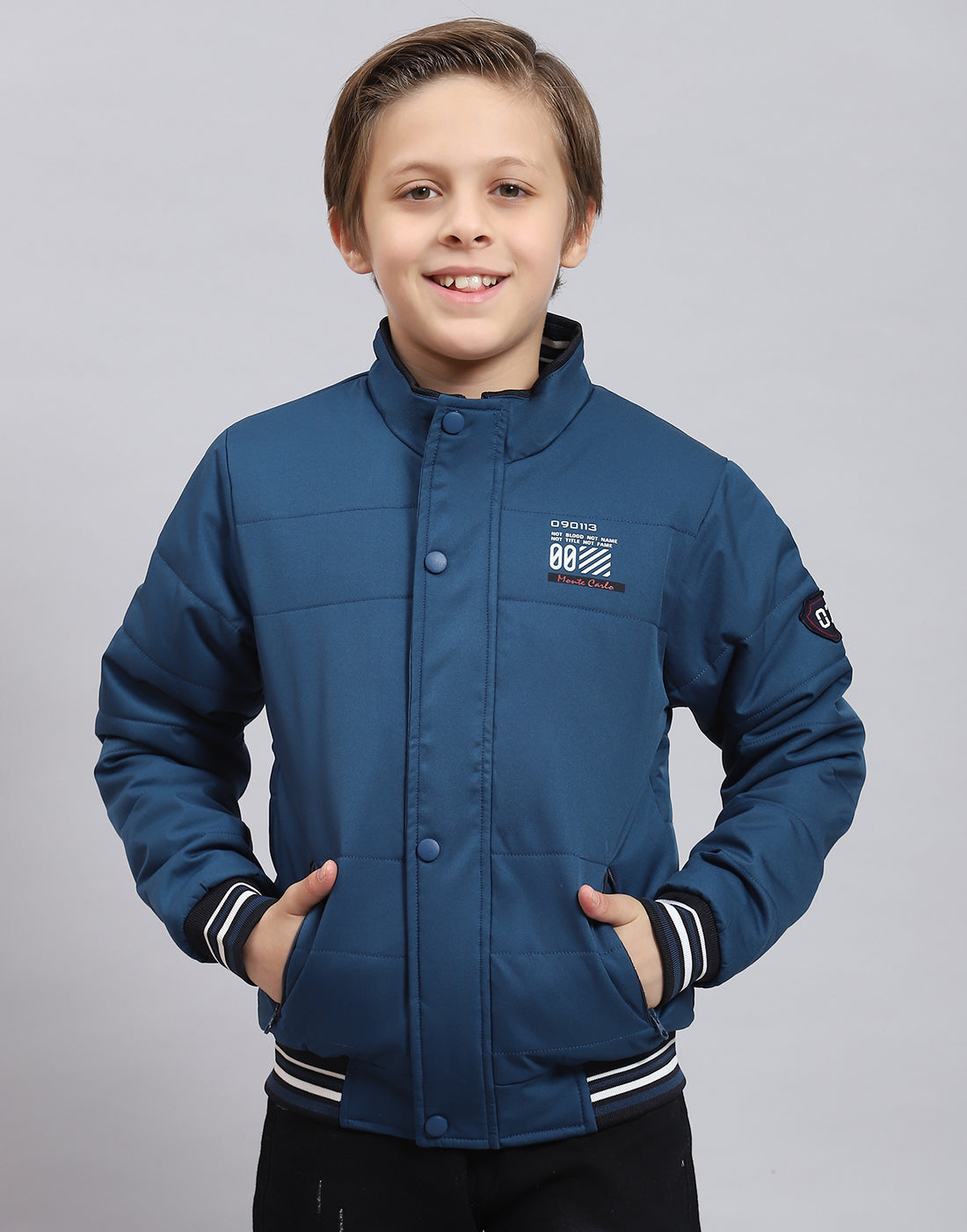 Boys Teal Blue Solid Stand Collar Full Sleeve Boys Jacket