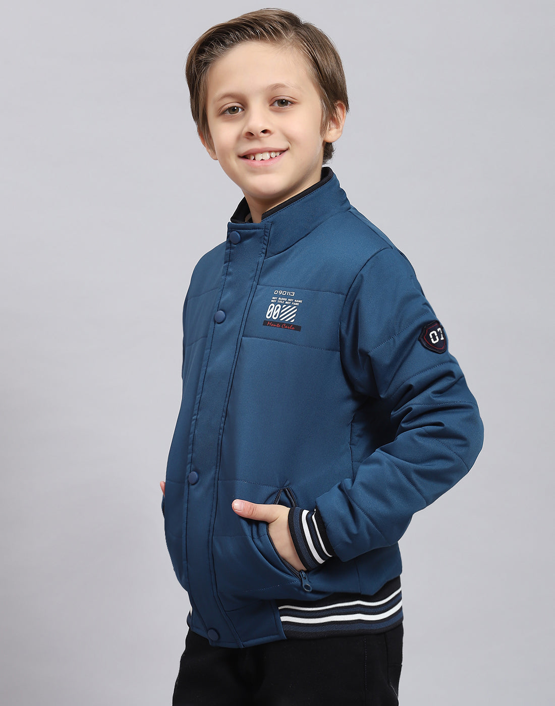 Boys Teal Blue Solid Stand Collar Full Sleeve Boys Jacket