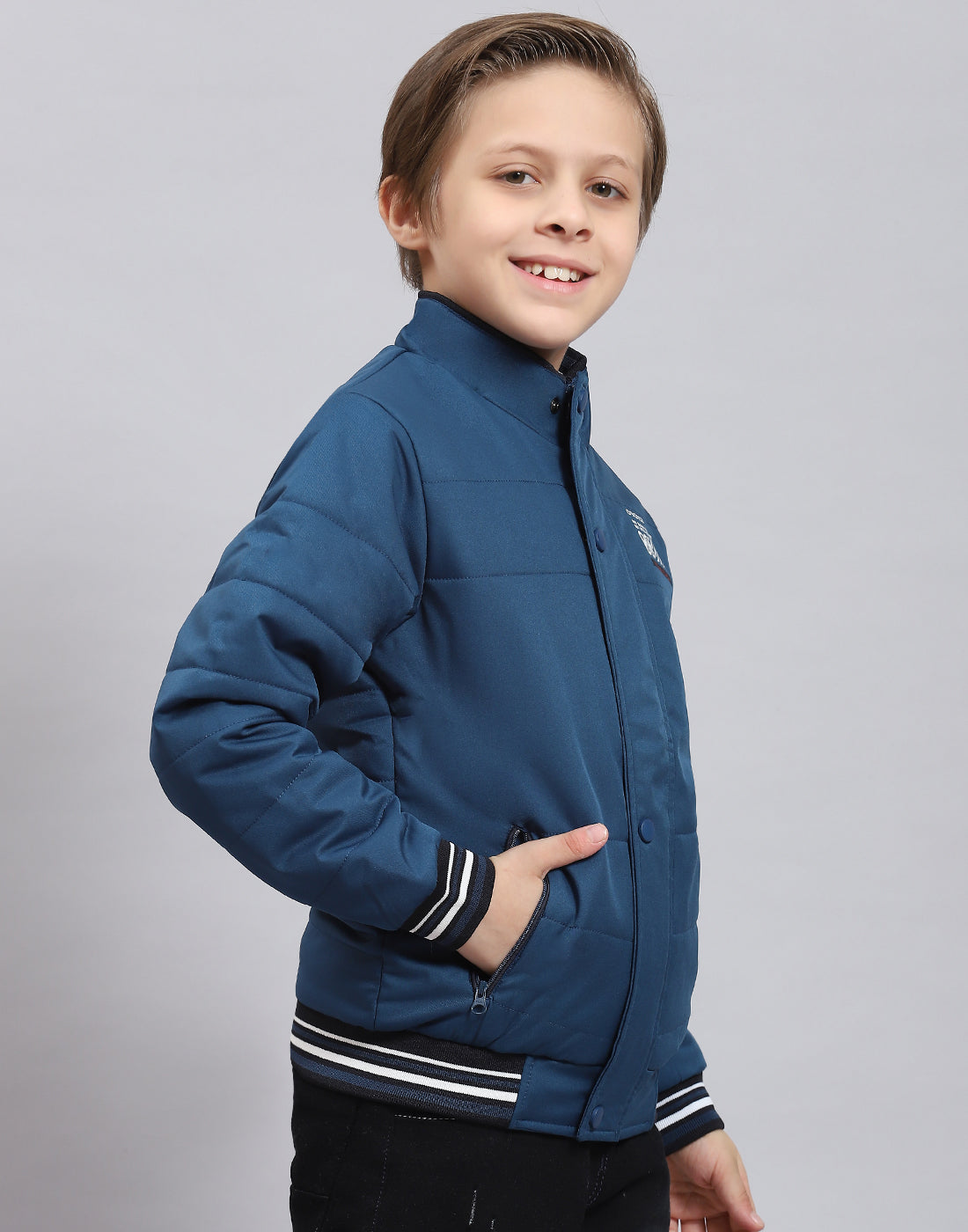 Boys Teal Blue Solid Stand Collar Full Sleeve Boys Jacket
