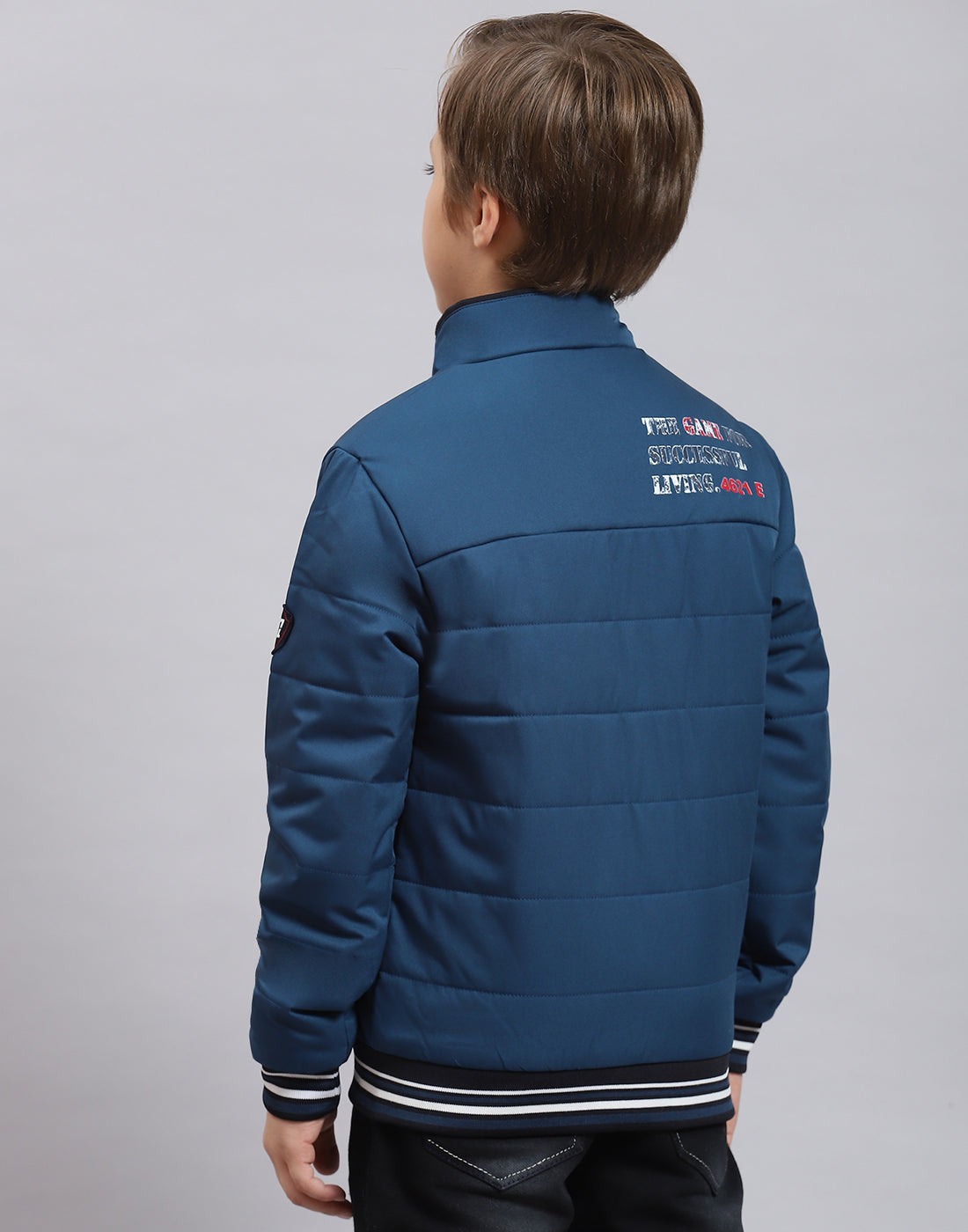 Boys Teal Blue Solid Stand Collar Full Sleeve Boys Jacket