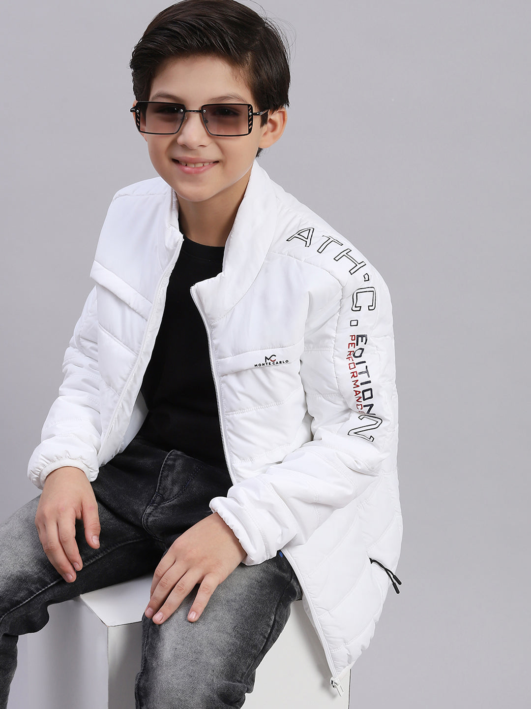 Boys White Solid Stand Collar Full Sleeve Boys Jacket