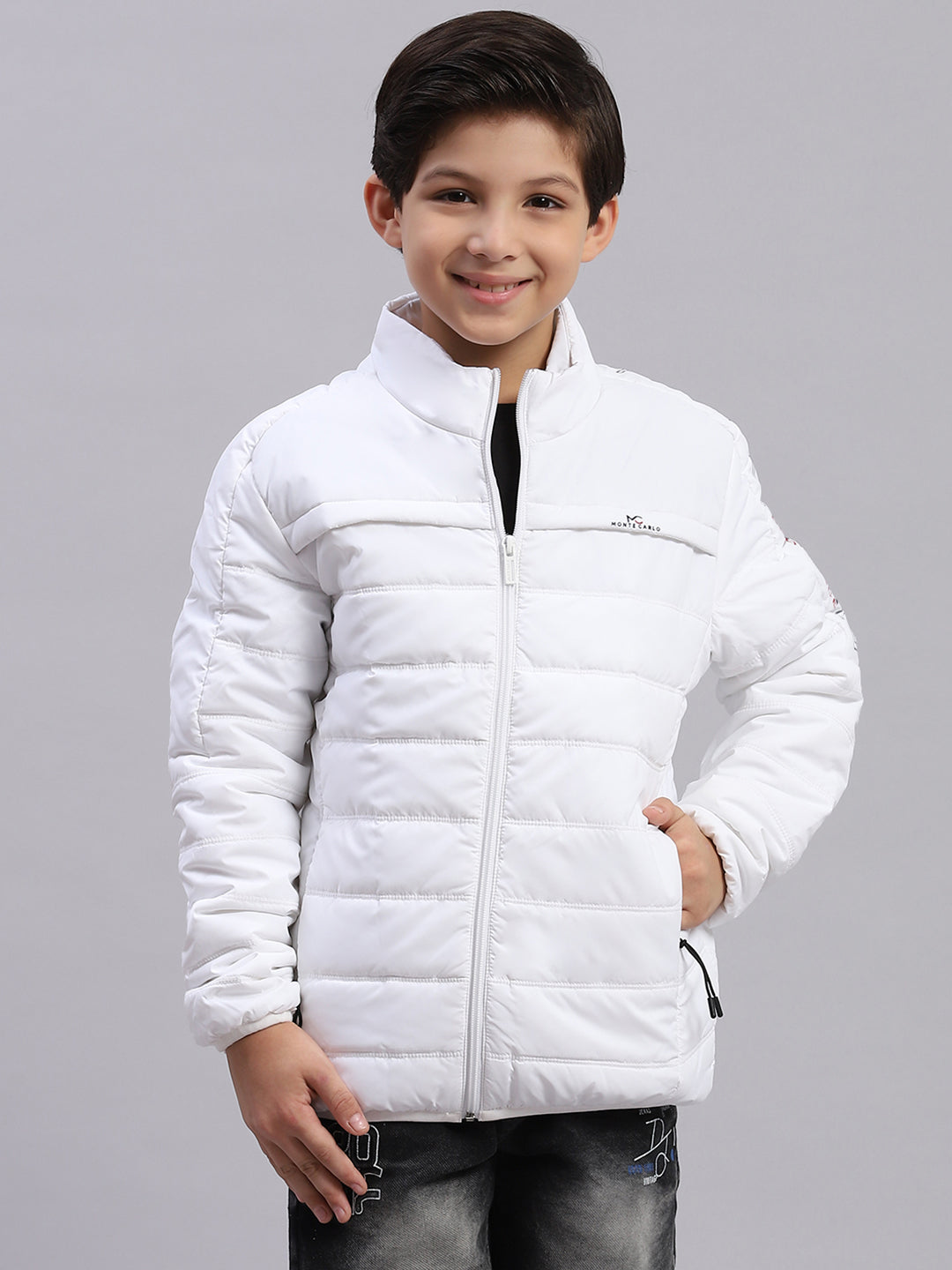 Boys White Solid Stand Collar Full Sleeve Boys Jacket