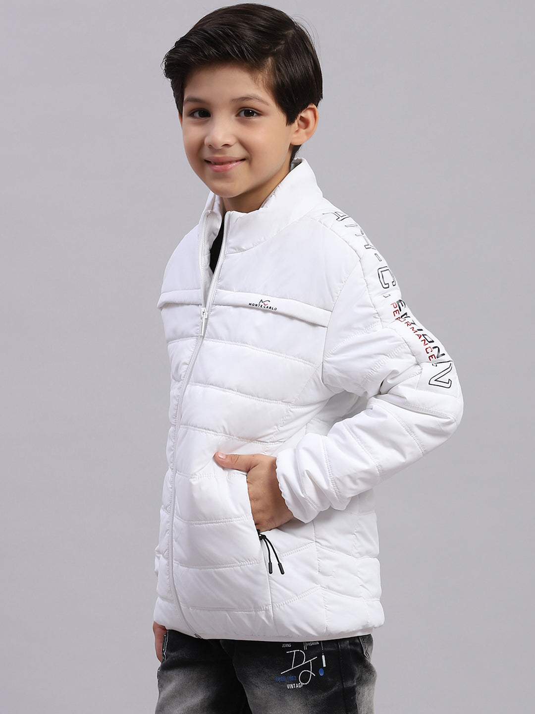 Boys White Solid Stand Collar Full Sleeve Boys Jacket