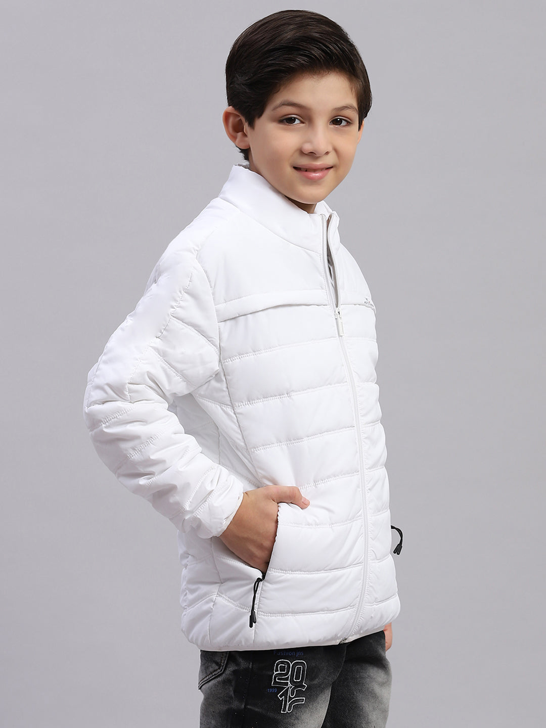 Boys White Solid Stand Collar Full Sleeve Boys Jacket
