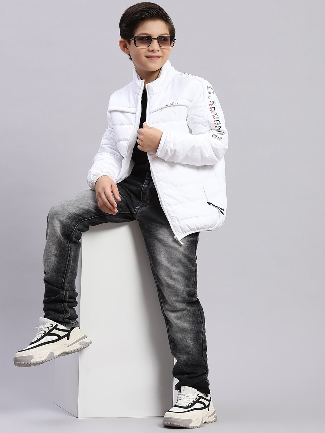 Boys White Solid Stand Collar Full Sleeve Boys Jacket