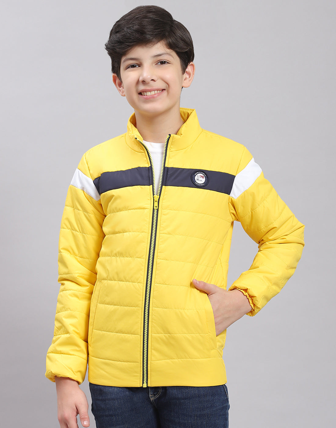 Boys Yellow Solid Stand Collar Full Sleeve Boys Jacket