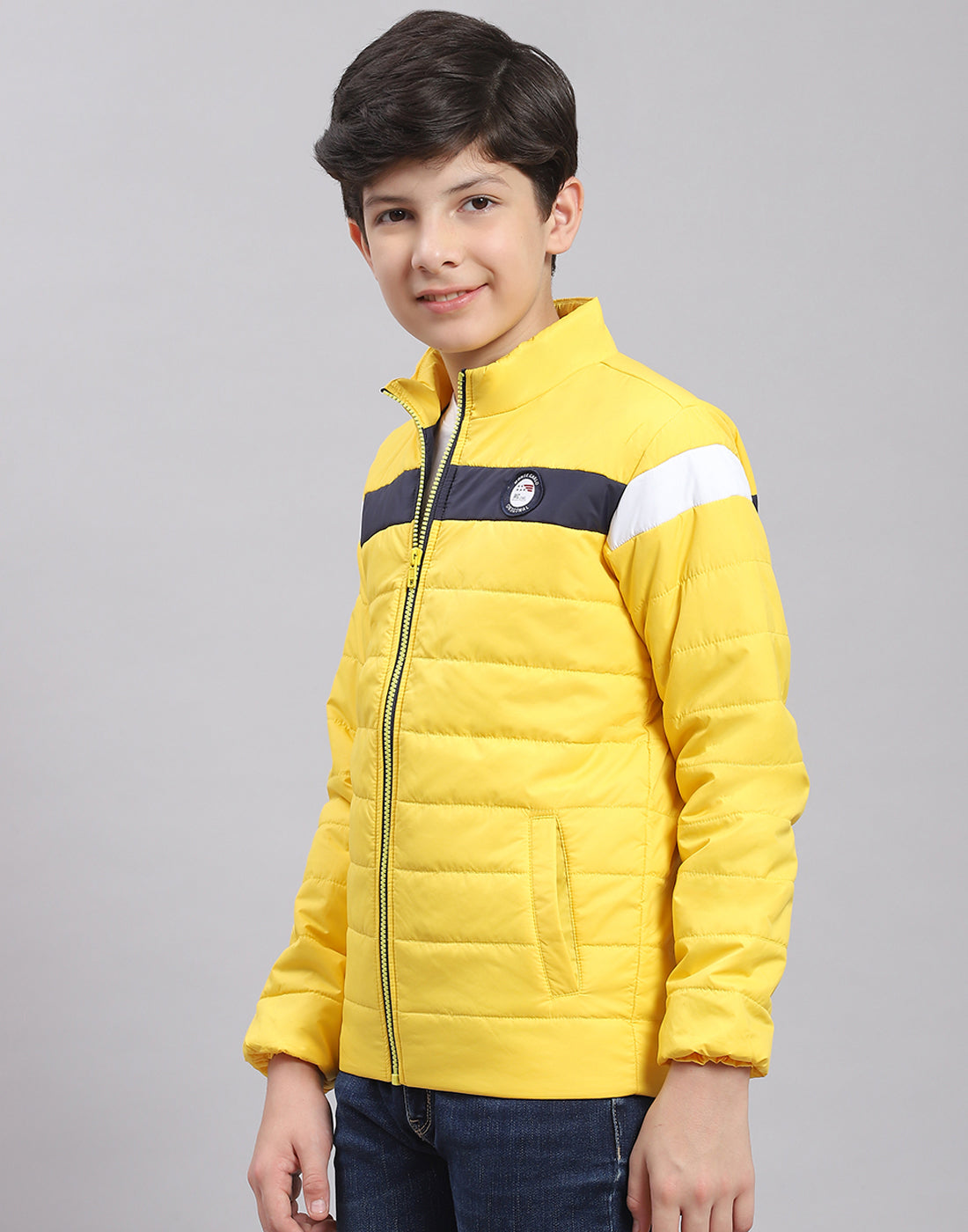 Boys Yellow Solid Stand Collar Full Sleeve Boys Jacket