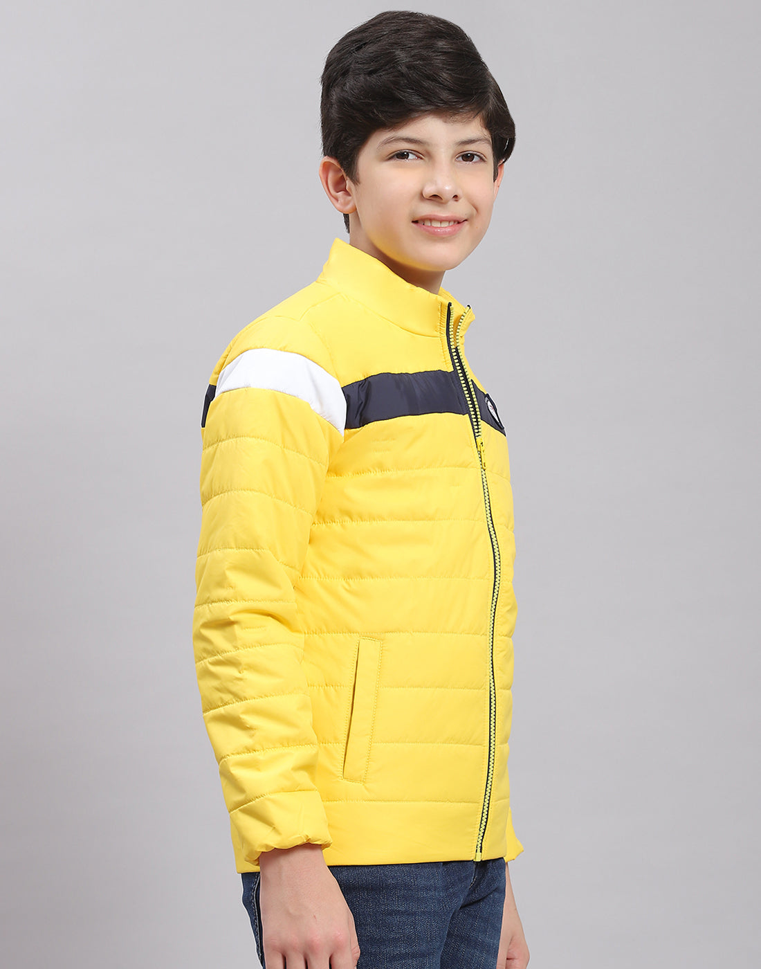 Boys Yellow Solid Stand Collar Full Sleeve Boys Jacket